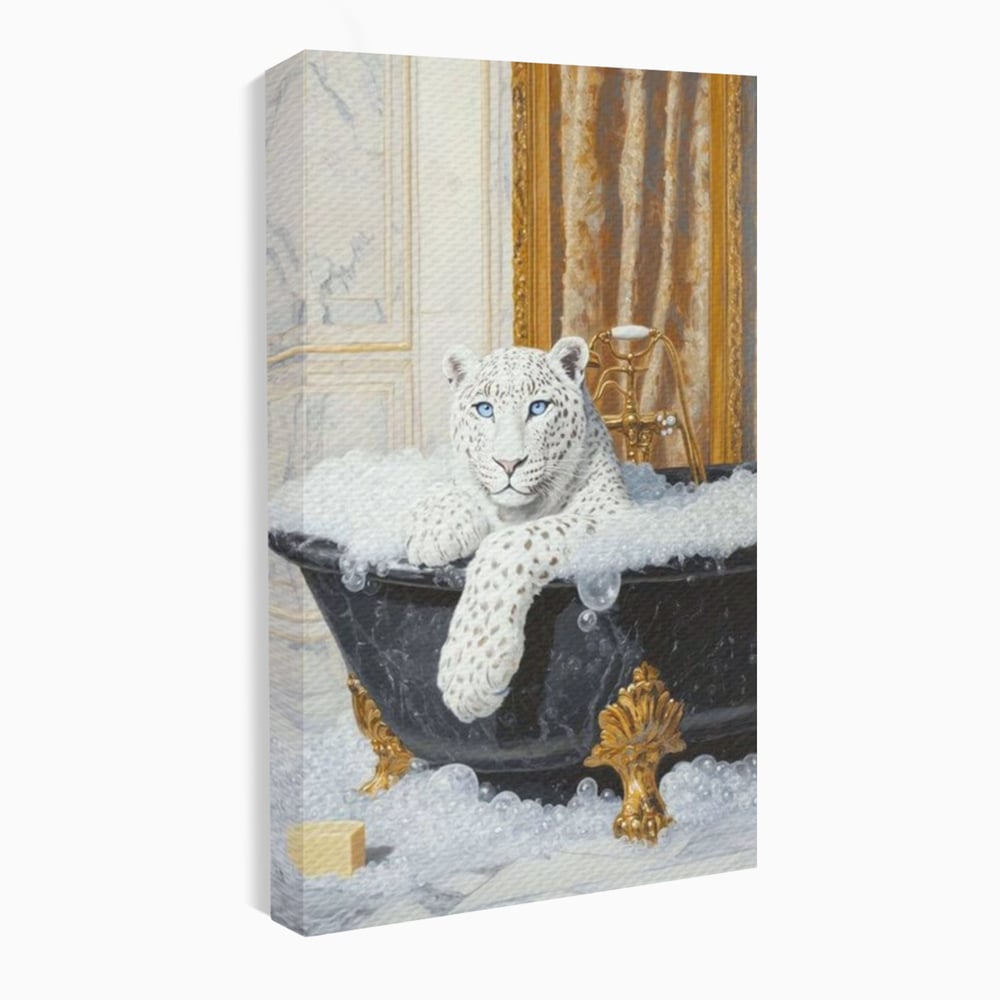 Tablou canvas cu tablou canvas cu leopard alb in cada, fara rama, pe sasiu de lemn